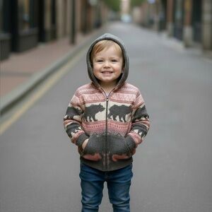 🧸 100% Wool Pink & Grey Full Zip Hooded Sweater – Size 2T